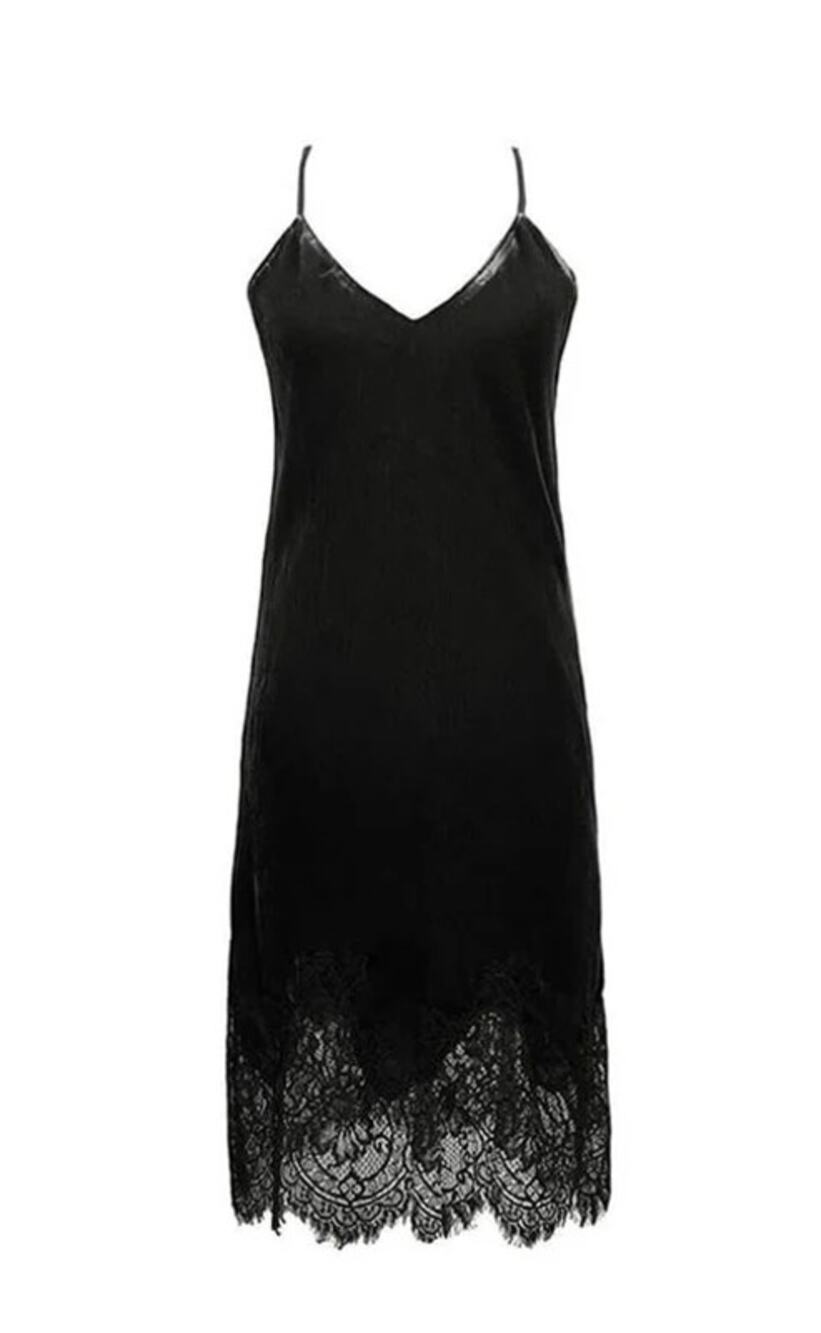 Gold Hawk Black Velvet Lace Trim Slip Dress Silk Blend Size M